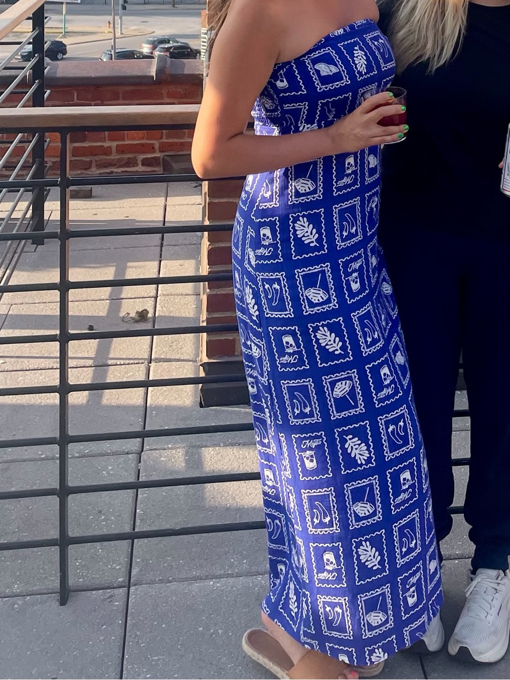 Strapless Blue Printed Maxi Dress - Large